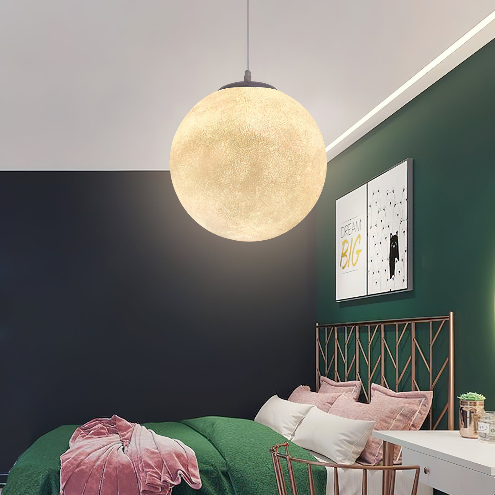 Maan Hanglamp – Realistische Textuur – 8 Maten Beschikbaar – Romantische Maanbol voor Slaapkamer Eetkamer Kinderkamer – Dimbaar Warm Licht – Schuine Plafondadapter Inbegrepen | Sansoti