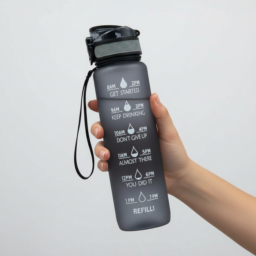 Trinkflasche mit Zeitmarkierungen 1000ml, Motivation zur Flüssigkeitsaufnahme, BPA-frei, Sport, Fitness, Flüssigkeitsversorgung, Zeitplan, täglich | Sansoti