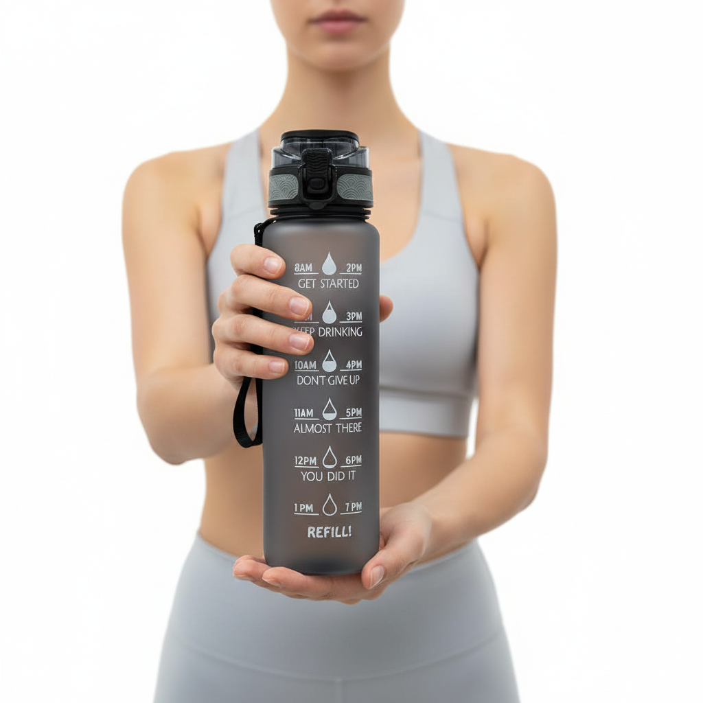 Trinkflasche mit Zeitmarkierungen 1000ml, Motivation zur Flüssigkeitsaufnahme, BPA-frei, Sport, Fitness, Flüssigkeitsversorgung, Zeitplan, täglich | Sansoti
