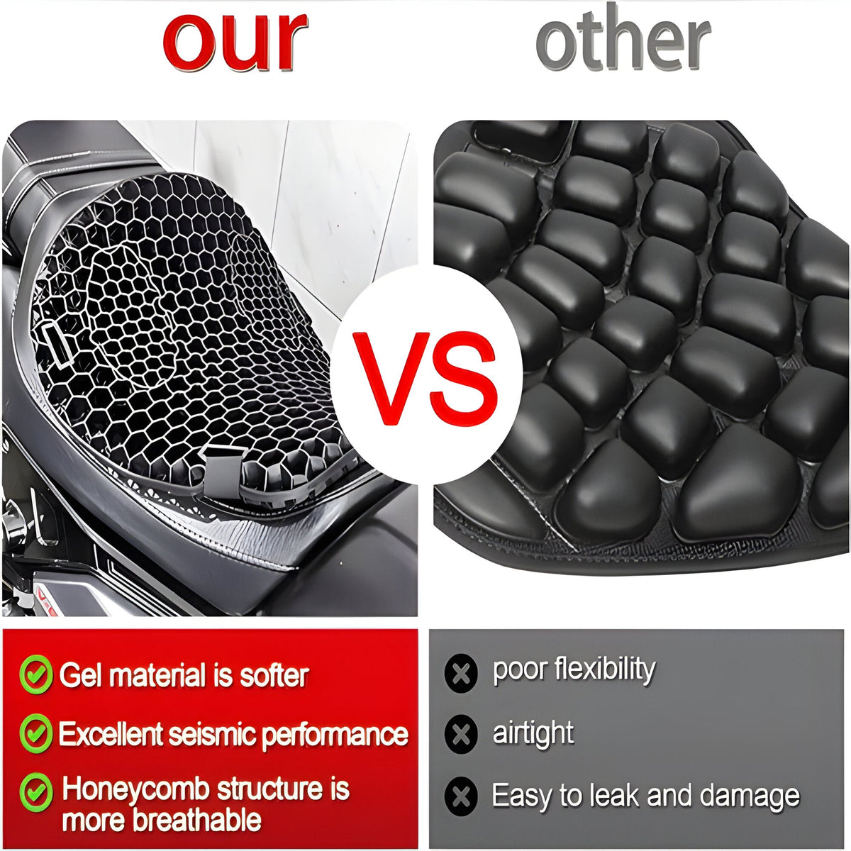 Coussin de selle en gel ergonomique pour moto, structure alvéolée, antidérapant et réducteur de pression pour des trajets longs et confortables | Sansoti