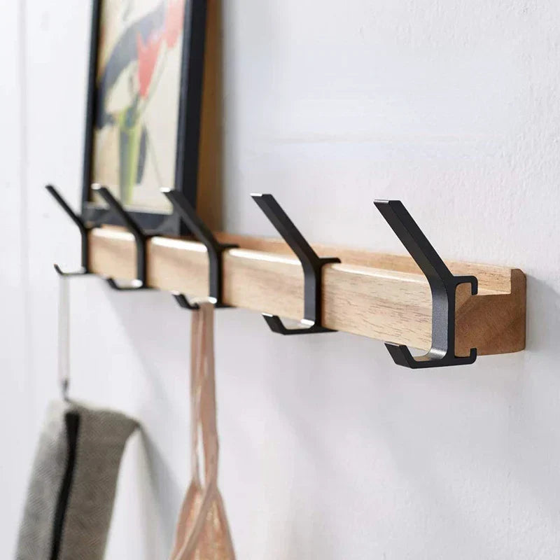 Wandkapstok met Verstelbare Haken – Natuurlijk Hout en Aluminium – 5 Draaihaken voor Hal en Slaapkamer – Scandinavische Stijl | Sansoti