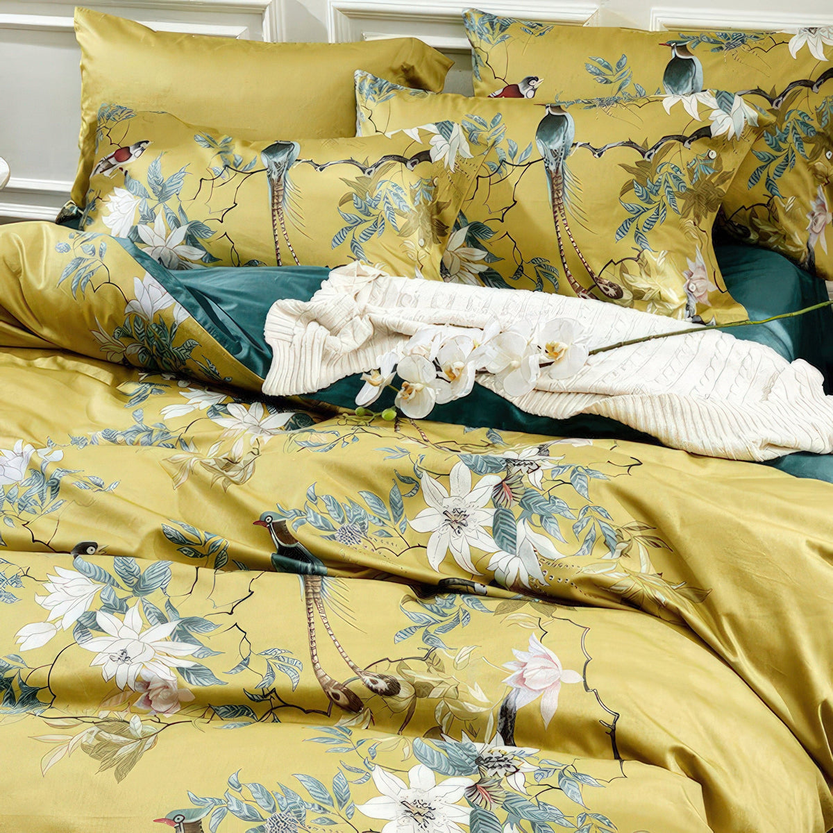 Cotton Pillowcase Set Golden Bird Motif 48x74 cm Satin Weave Egyptian Cotton 500 TC Luxury Bedroom | Sansoti
