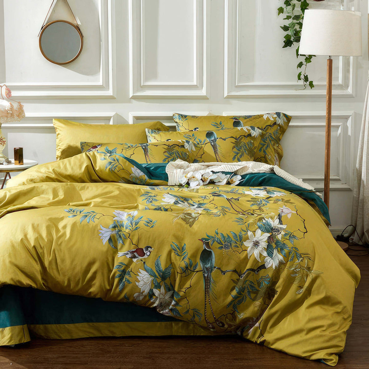 Cotton Pillowcase Set Golden Bird Motif 48x74 cm Satin Weave Egyptian Cotton 500 TC Luxury Bedroom | Sansoti