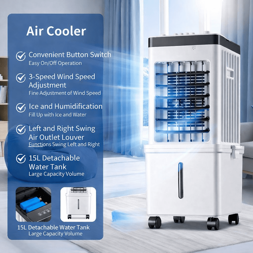 Mobiele Luchtkoeler met Waterkoeling 15L – Ventilator met Zwenkfunctie en IJskoeling voor Slaapkamer, Woonkamer en Kantoor | Sansoti