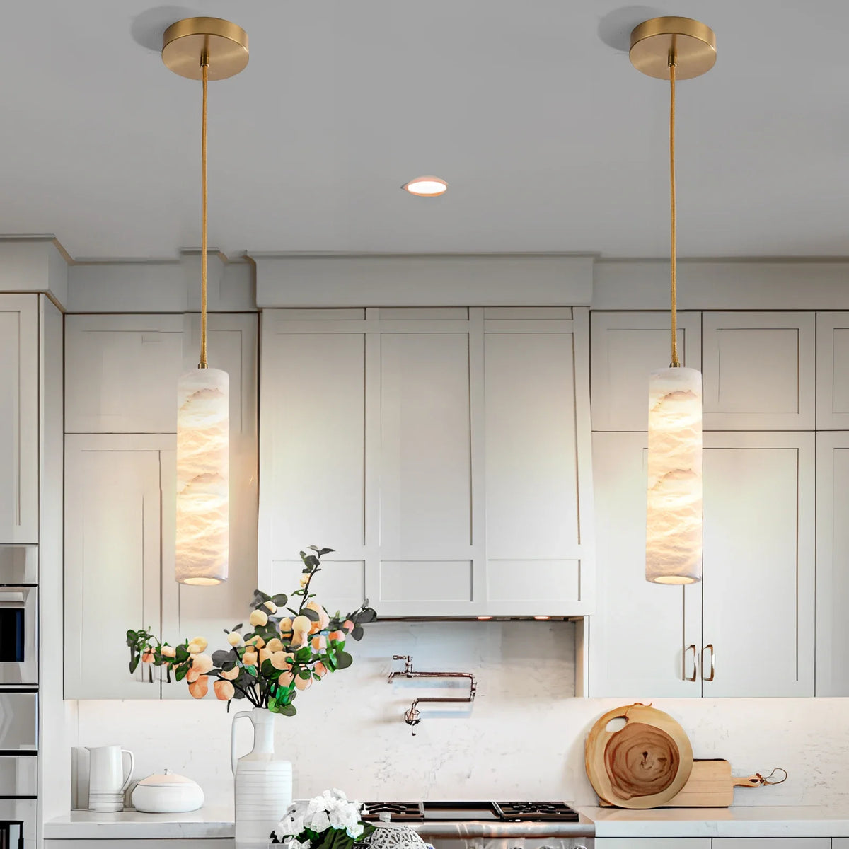 Pendelleuchte Naturstein Alabaster Messing LED Verstellbares Kabel 150cm Esstisch Küche Wohnzimmer Designbeleuchtung | Sansoti