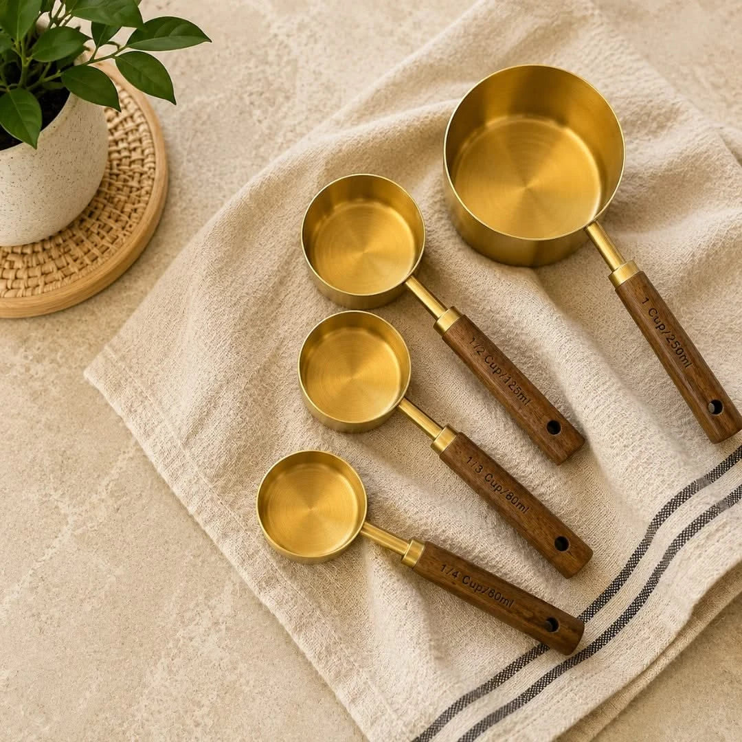 Messbecher- und Messlöffel-Set aus Akazienholz und goldfarbenem Edelstahl zum präzisen Abmessen von Zutaten beim Backen und Kochen | Sansoti