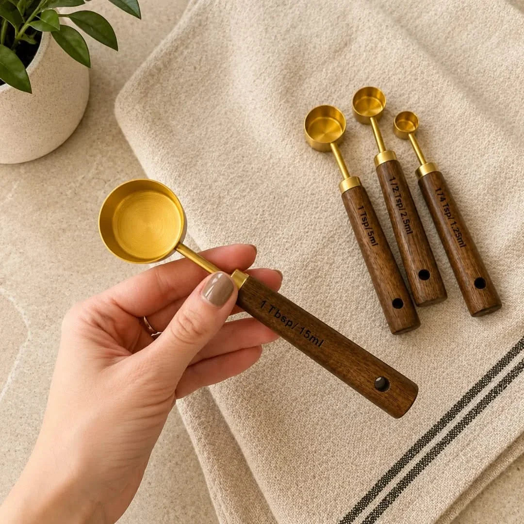 Messbecher- und Messlöffel-Set aus Akazienholz und goldfarbenem Edelstahl zum präzisen Abmessen von Zutaten beim Backen und Kochen | Sansoti