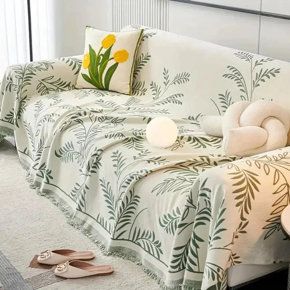 Chenille Jacquard Bankbeschermer met Bladpatroon – Antislip Bankhoes Bescherming | Sansoti