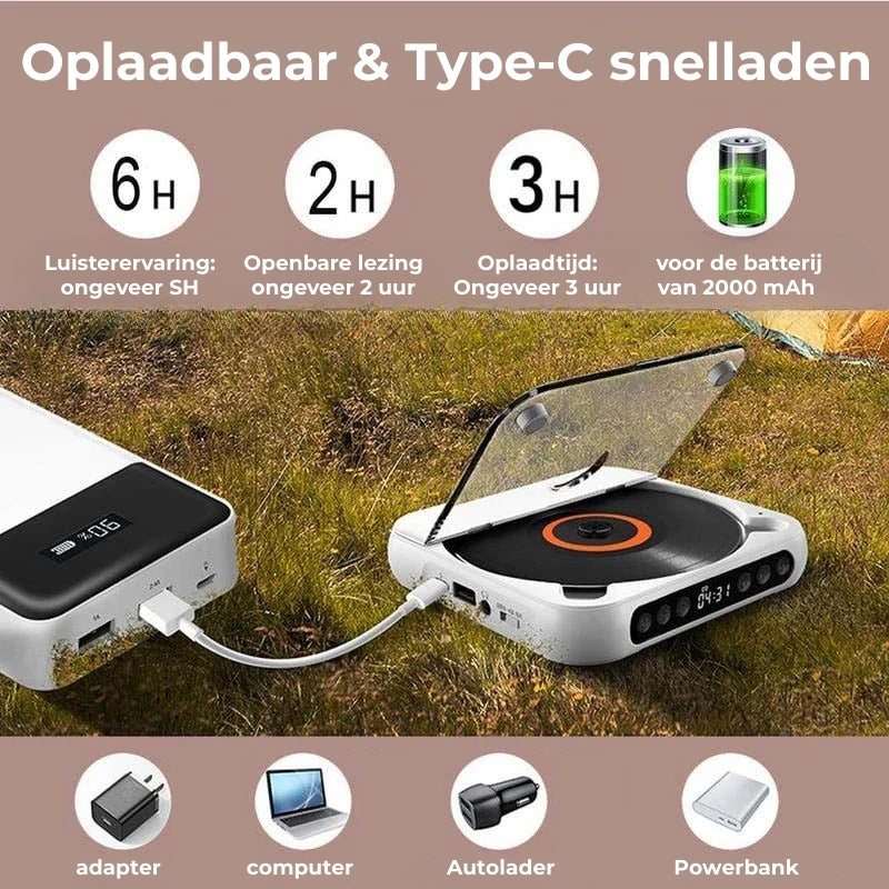 Draagbare Bluetooth CD-Speler – Compact & Oplaadbaar – Geschikt voor CD, CD-R, CD-RW & MP3 – Inclusief USB-C – Wireless & 3,5mm Audio | Sansoti
