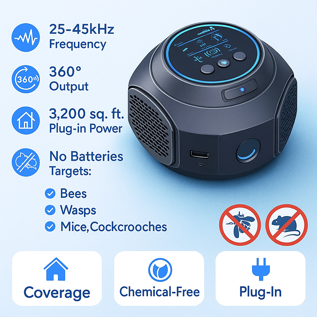 Ultrasoon Insectenwerende Plug-in voor Thuis – Effectief tegen Muggen, Wespen en Vliegen – 4 Luidsprekers 297m² Bereik – Veilig Chemivrij Apparaat voor Woonkamer en Terras | Sansoti