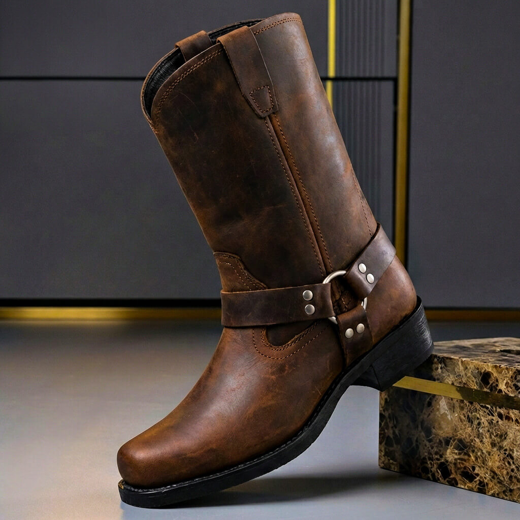 Vintage Western Laarzen Heren met Harness Gesp – Handgemaakt Leer Cognac Eiken Zwart | Sansoti