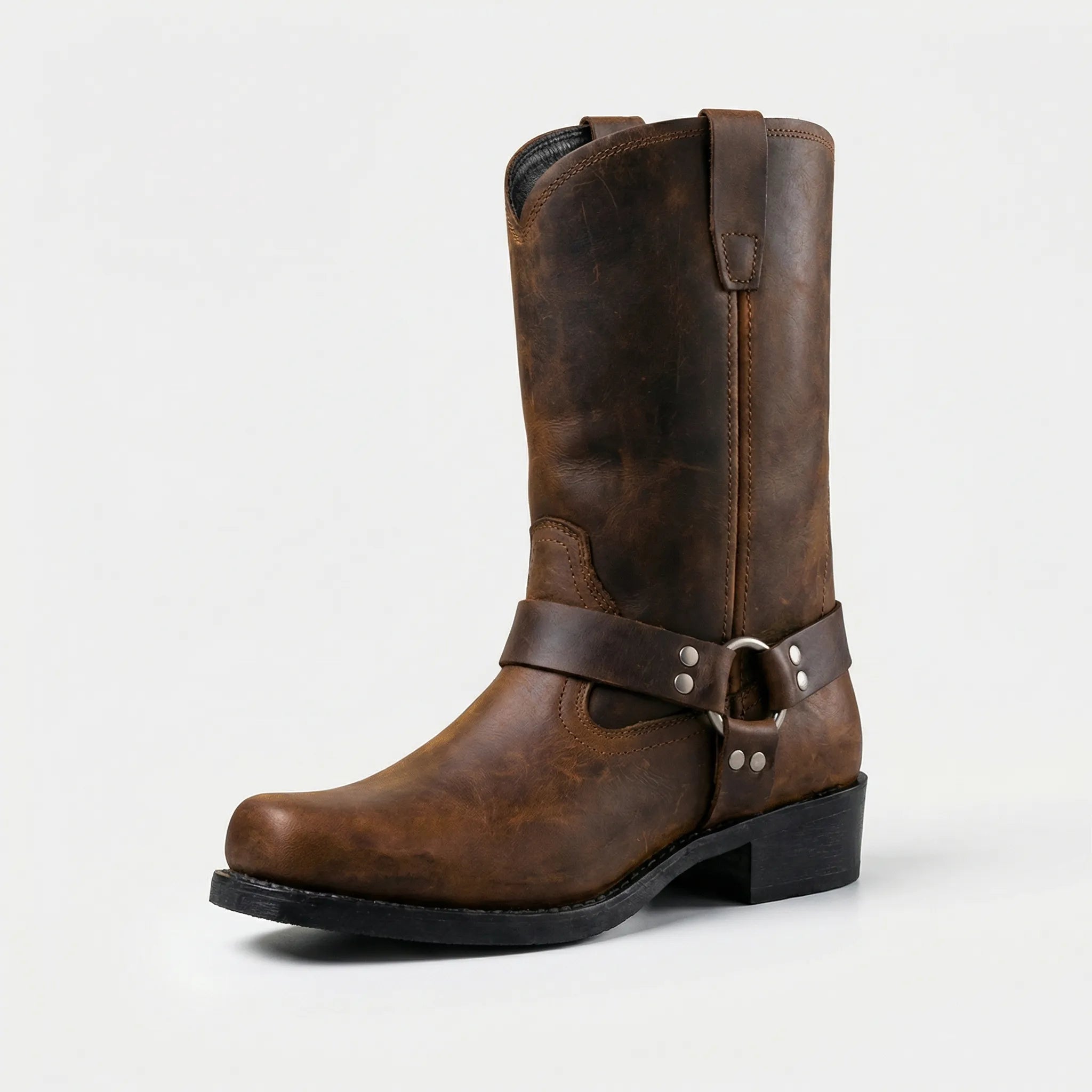 Vintage Western Laarzen Heren met Harness Gesp – Handgemaakt Leer Cognac Eiken Zwart | Sansoti