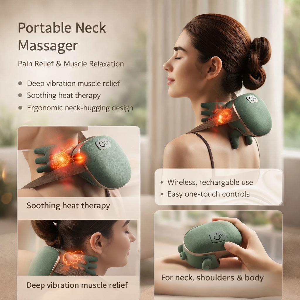Nekmassager met Warmtefunctie Draadloos Vibratie Therapie Spierspanning Verlichting Ontspanning Wellness | Sansoti