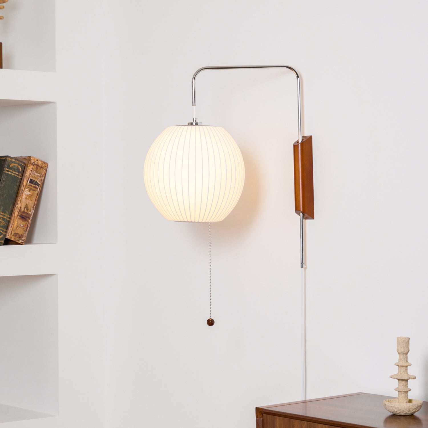 Wandlamp Zijden Kap Walnoot Metaal Wit Woonkamer Slaapkamer | Sansoti