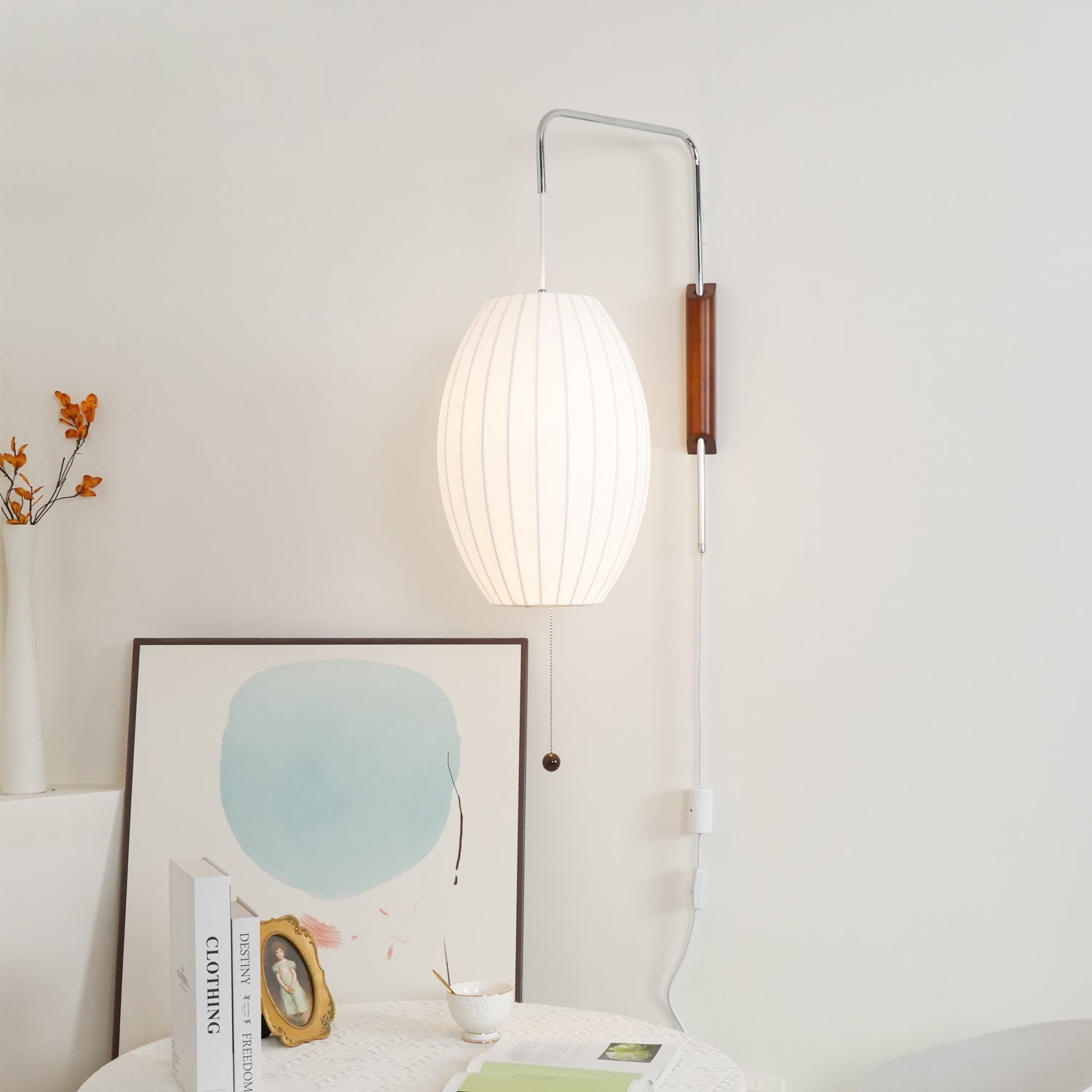 Wandlamp Nelson Bubble Polymeer Staalwire Walnoot Wit Mid-Century E27 4 Vormen Slaapkamer | Sansoti