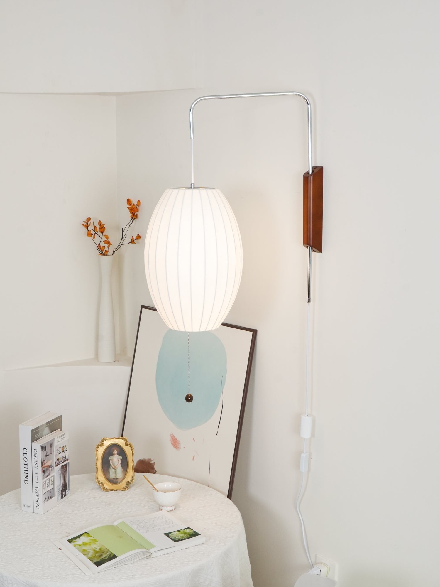 Wandlamp Nelson Bubble Polymeer Staalwire Walnoot Wit Mid-Century E27 4 Vormen Slaapkamer | Sansoti