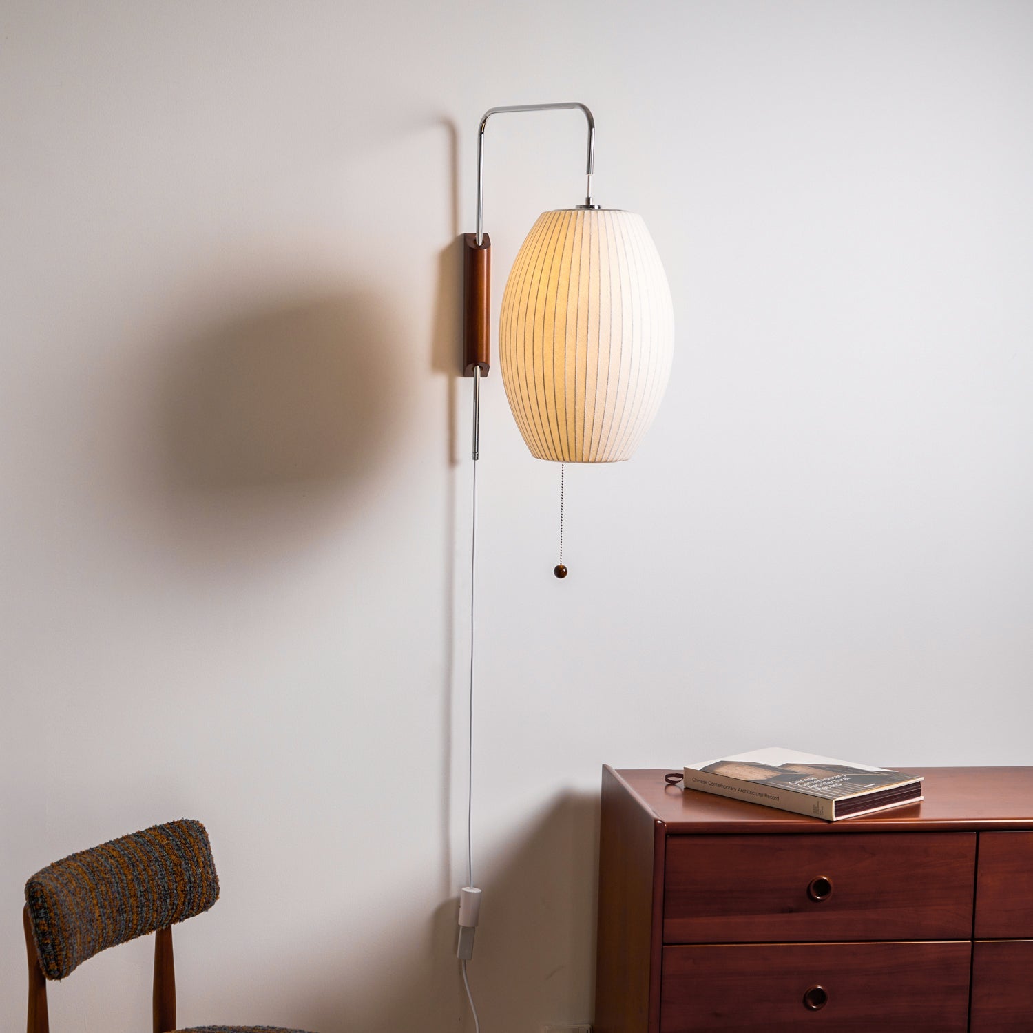 Wandlamp Zijden Kap Walnoot Metaal Wit Woonkamer Slaapkamer | Sansoti