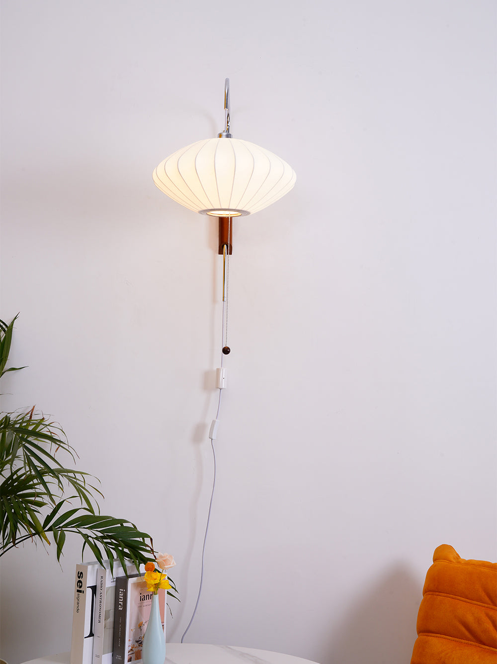 Wandlamp Zijden Kap Walnoot Metaal Wit Woonkamer Slaapkamer | Sansoti