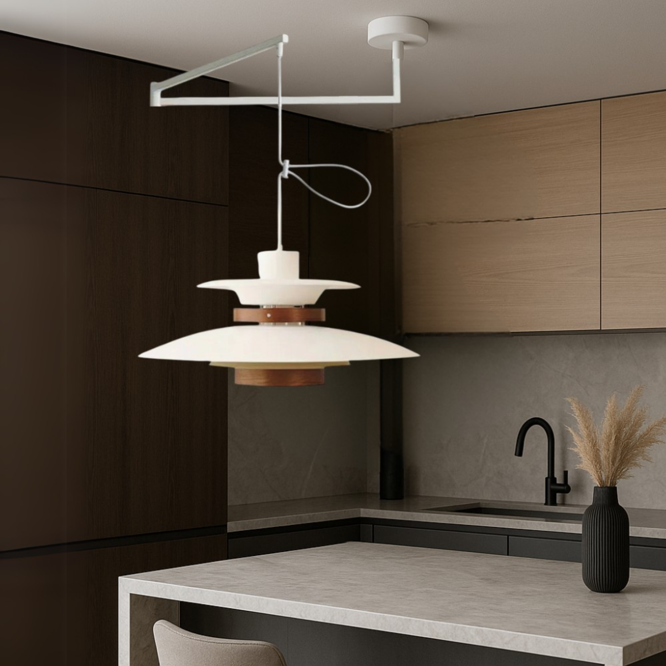 Merado Schwenkarm Pendelleuchte Metall Holz schwarz Esszimmer Beleuchtung verstellbar skandinavisches Design Pendelleuchte moderne Hängeleuchte | Restfield