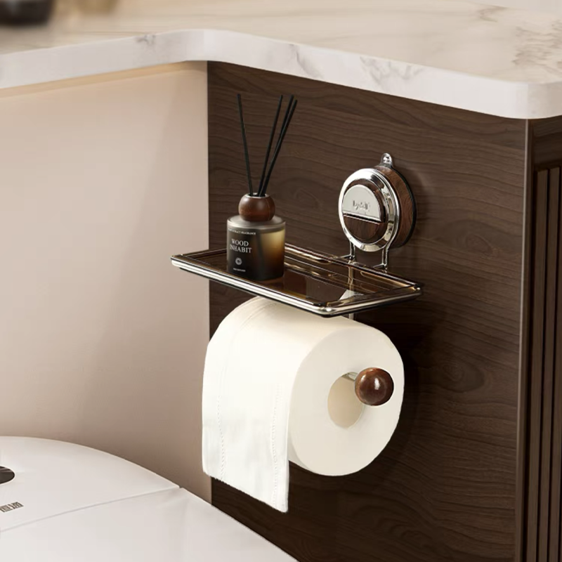 Zuignap Toiletrolhouder met Houtnerf Design Zonder Boren RVS voor Gladde Oppervlakken | Sansoti