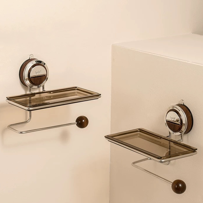Zuignap Toiletrolhouder met Houtnerf Design Zonder Boren RVS voor Gladde Oppervlakken | Sansoti