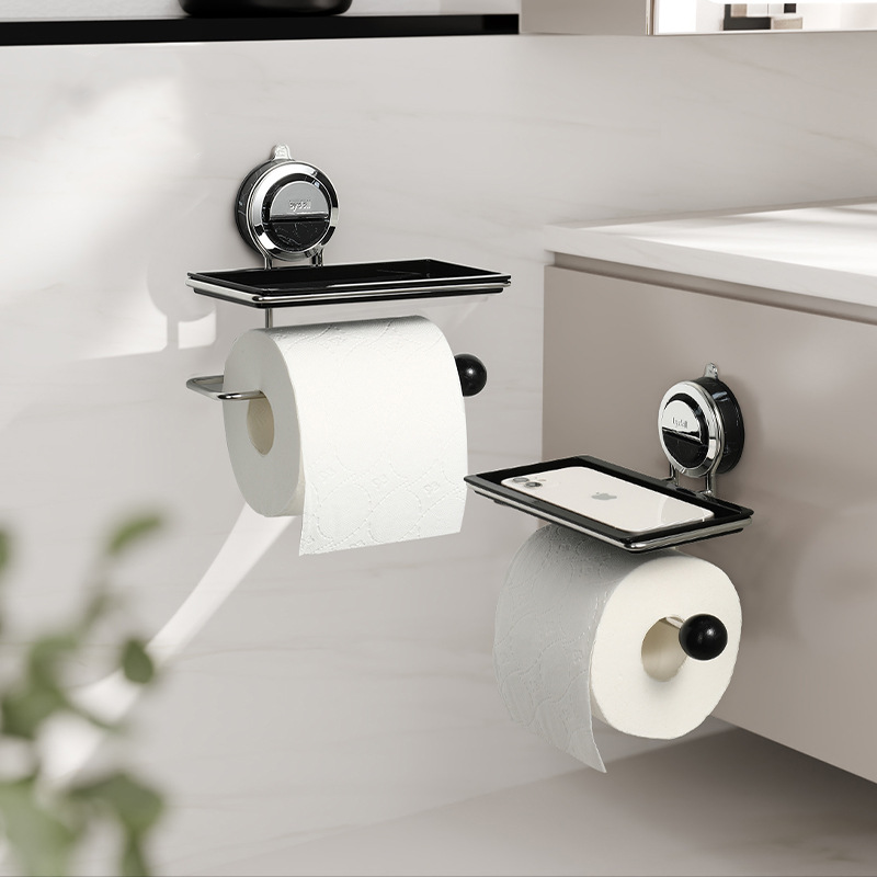 Zuignap Toiletrolhouder met Houtnerf Design Zonder Boren RVS voor Gladde Oppervlakken | Sansoti