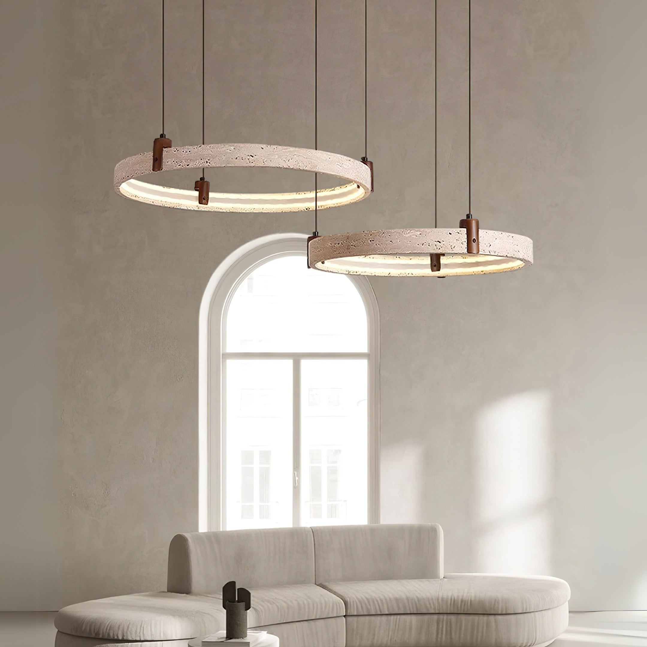 Travertijn Ring Kroonluchter – Natuursteen Hanglamp met Walnoot Hout en Geïntegreerde LED | Scandinavisch Design voor Woon- en Eetkamer | Sansoti