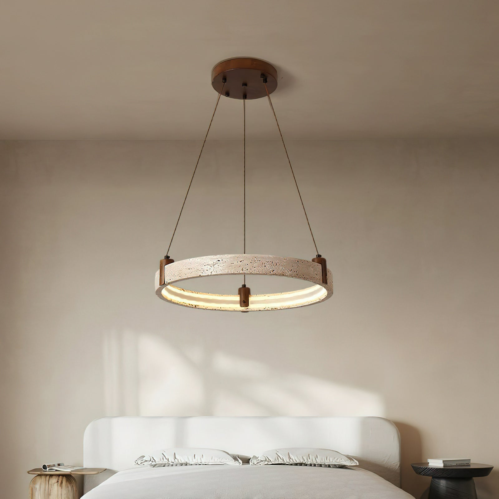 Travertijn Ring Kroonluchter – Natuursteen Hanglamp met Walnoot Hout en Geïntegreerde LED | Scandinavisch Design voor Woon- en Eetkamer | Sansoti