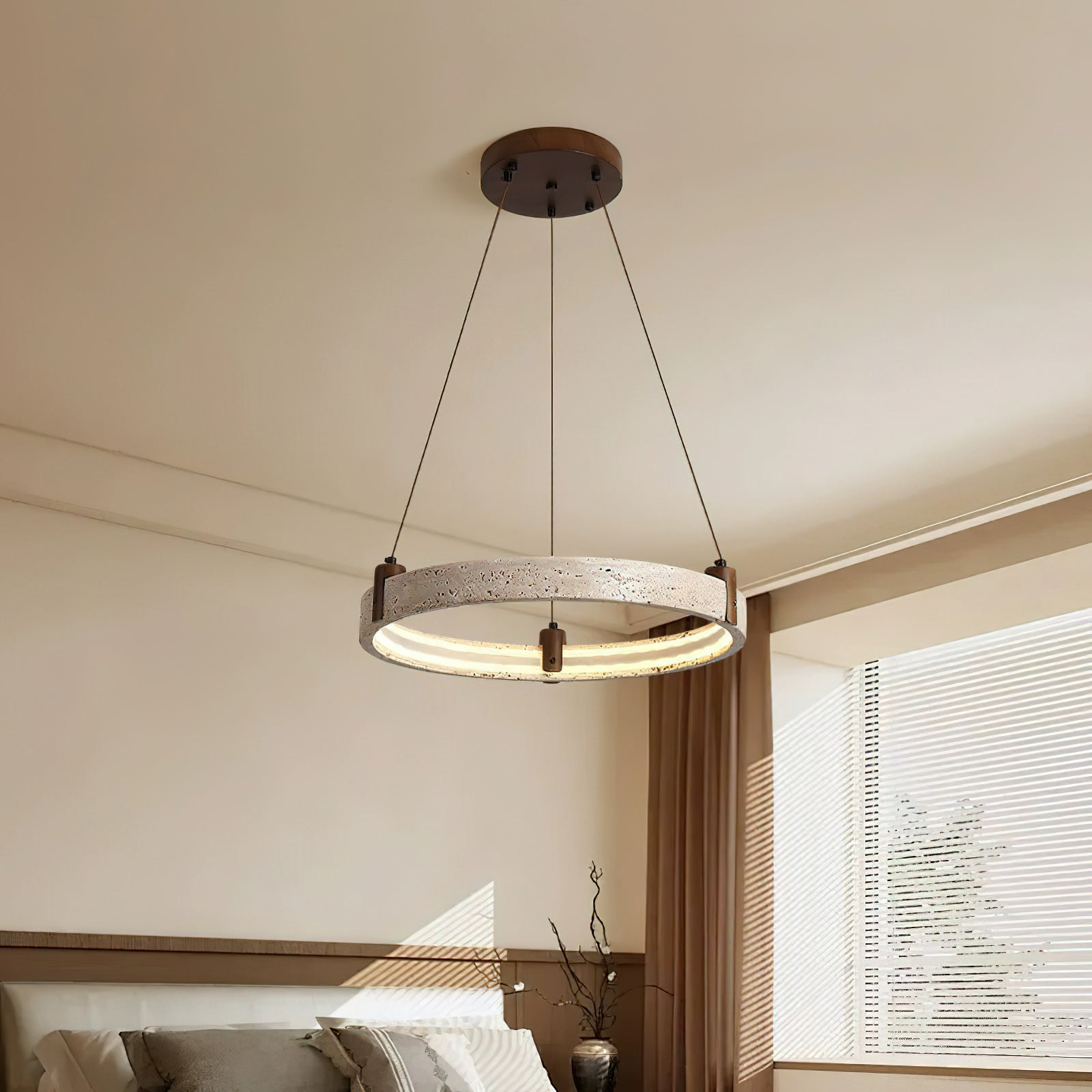 Travertijn Ring Kroonluchter – Natuursteen Hanglamp met Walnoot Hout en Geïntegreerde LED | Scandinavisch Design voor Woon- en Eetkamer | Sansoti