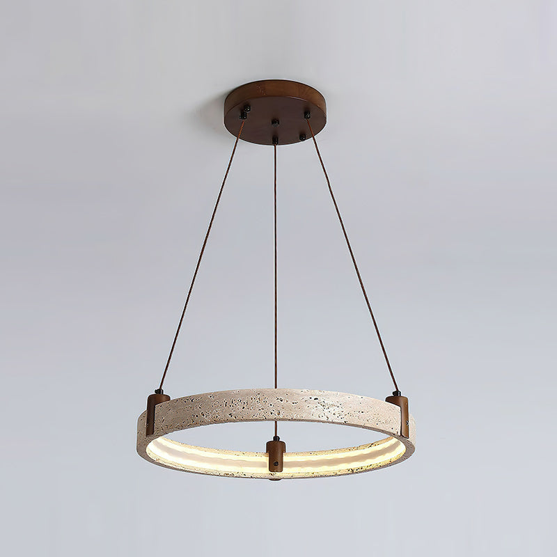 Travertijn Ring Kroonluchter – Natuursteen Hanglamp met Walnoot Hout en Geïntegreerde LED | Scandinavisch Design voor Woon- en Eetkamer | Sansoti