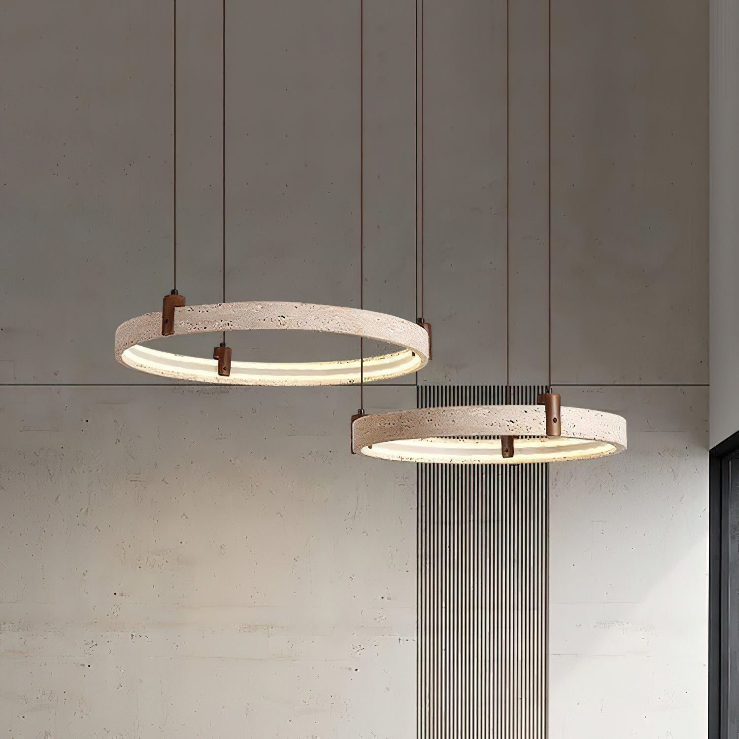 Travertijn Ring Kroonluchter – Natuursteen Hanglamp met Walnoot Hout en Geïntegreerde LED | Scandinavisch Design voor Woon- en Eetkamer | Sansoti