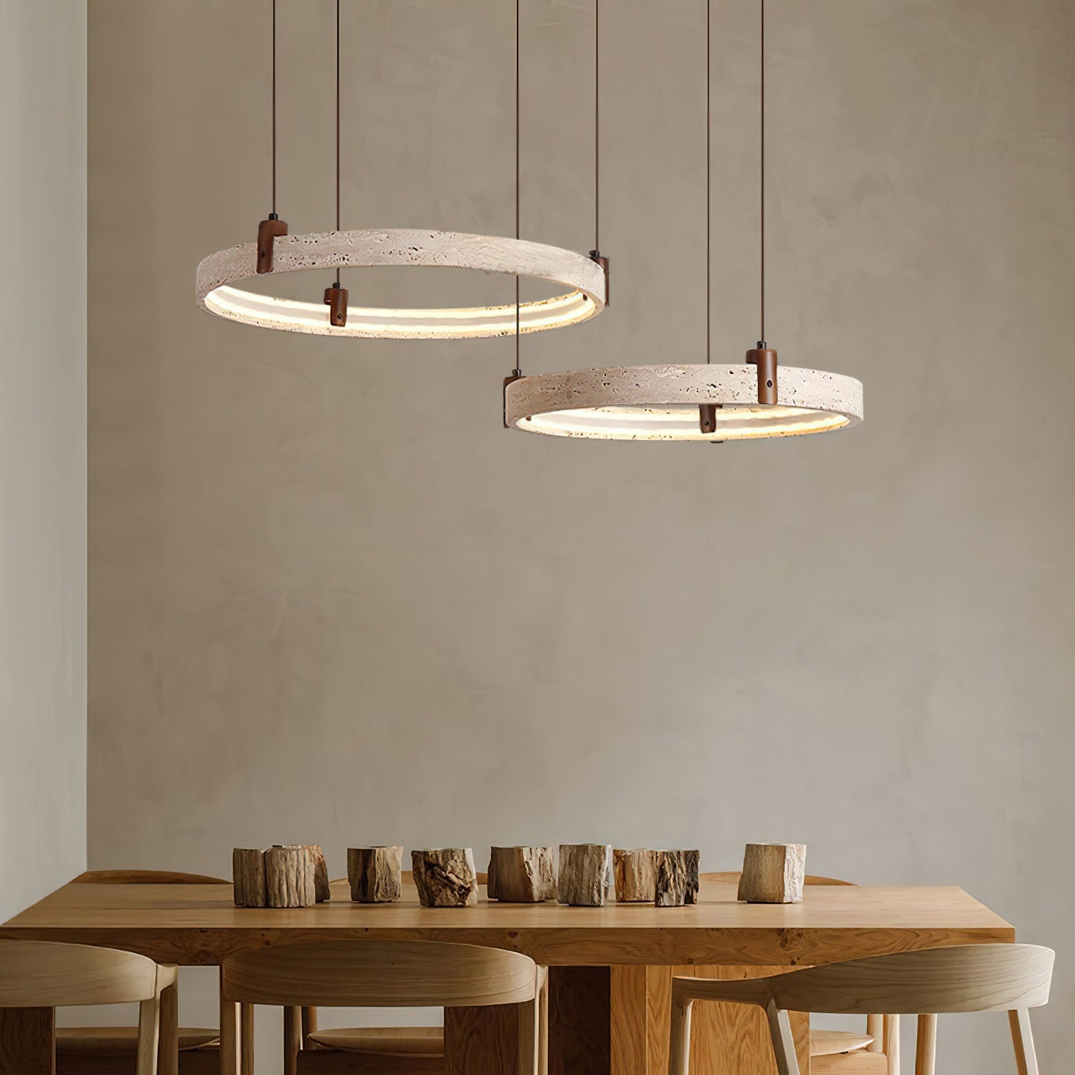 Travertijn Ring Kroonluchter – Natuursteen Hanglamp met Walnoot Hout en Geïntegreerde LED | Scandinavisch Design voor Woon- en Eetkamer | Sansoti