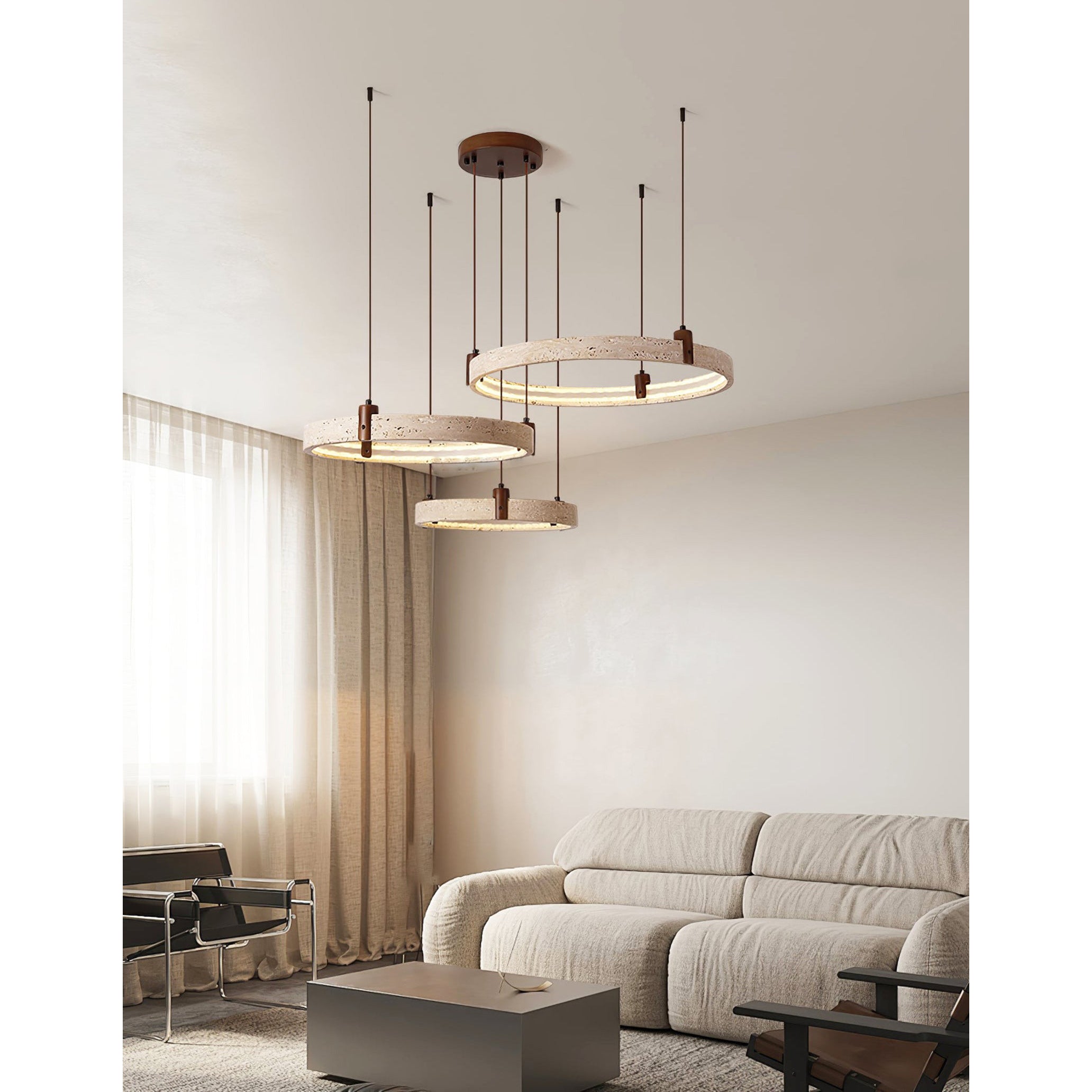 Travertijn Ring Kroonluchter – Natuursteen Hanglamp met Walnoot Hout en Geïntegreerde LED | Scandinavisch Design voor Woon- en Eetkamer | Sansoti