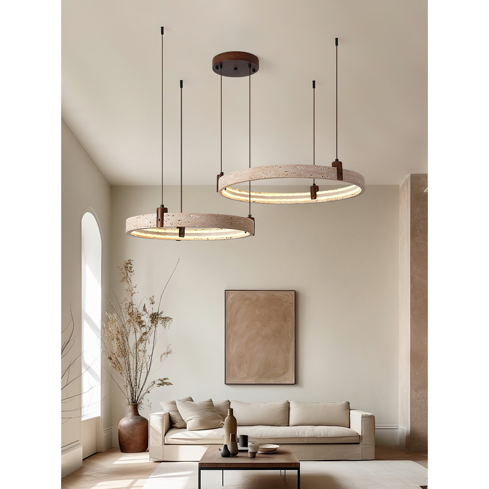 Travertijn Ring Kroonluchter – Natuursteen Hanglamp met Walnoot Hout en Geïntegreerde LED | Scandinavisch Design voor Woon- en Eetkamer | Sansoti