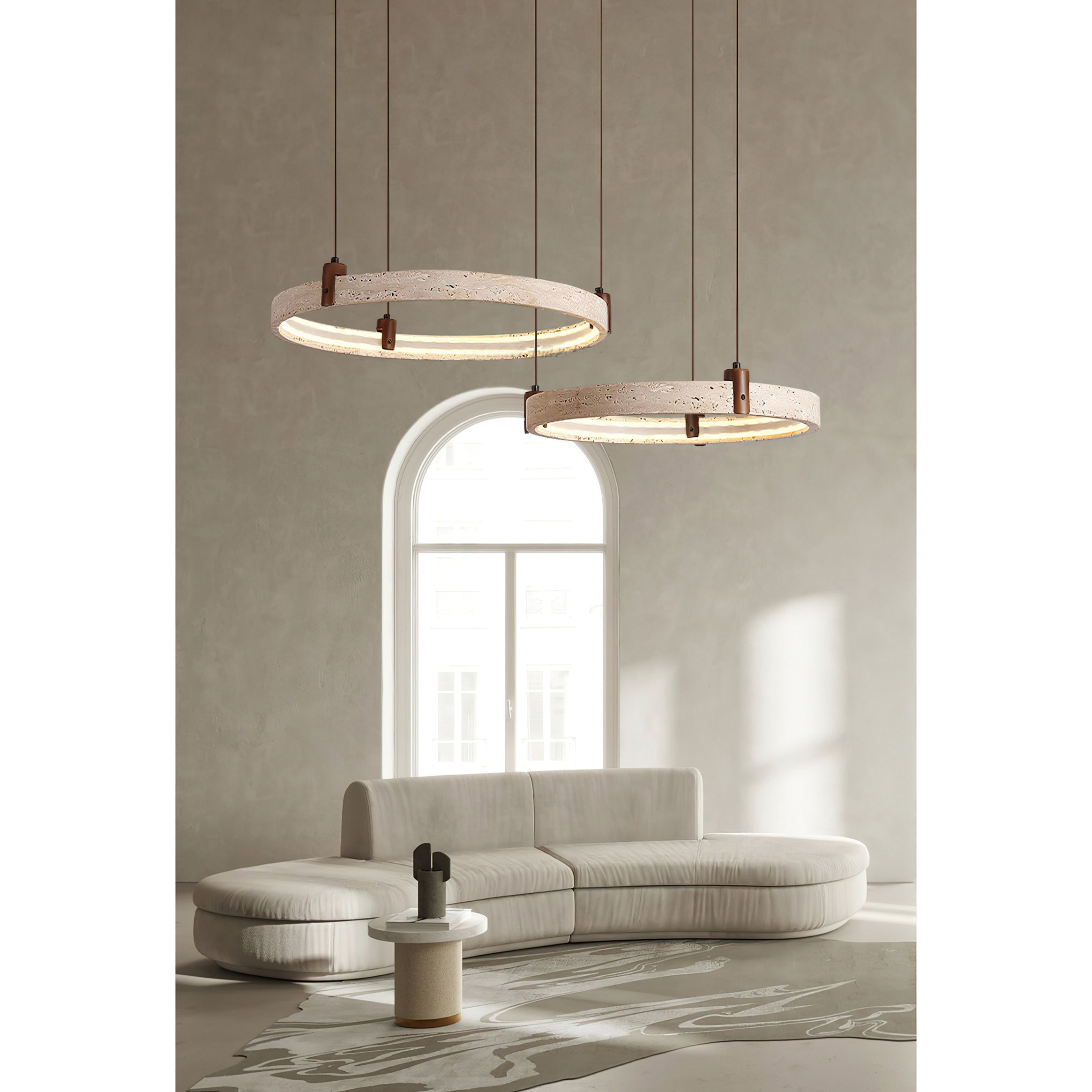 Travertijn Ring Kroonluchter – Natuursteen Hanglamp met Walnoot Hout en Geïntegreerde LED | Scandinavisch Design voor Woon- en Eetkamer | Sansoti