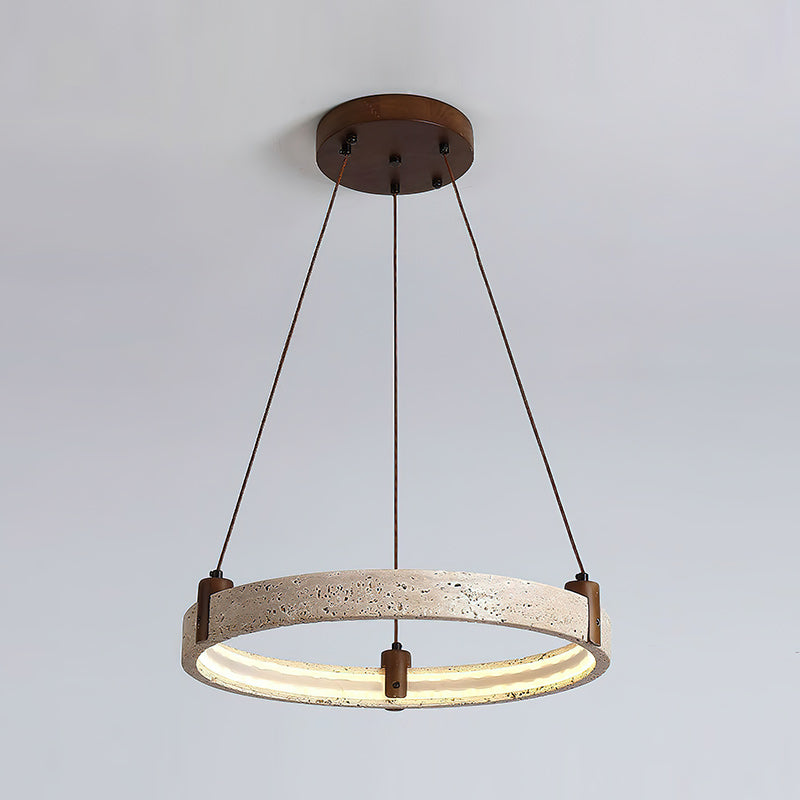 Travertijn Ring Kroonluchter – Natuursteen Hanglamp met Walnoot Hout en Geïntegreerde LED | Scandinavisch Design voor Woon- en Eetkamer | Sansoti