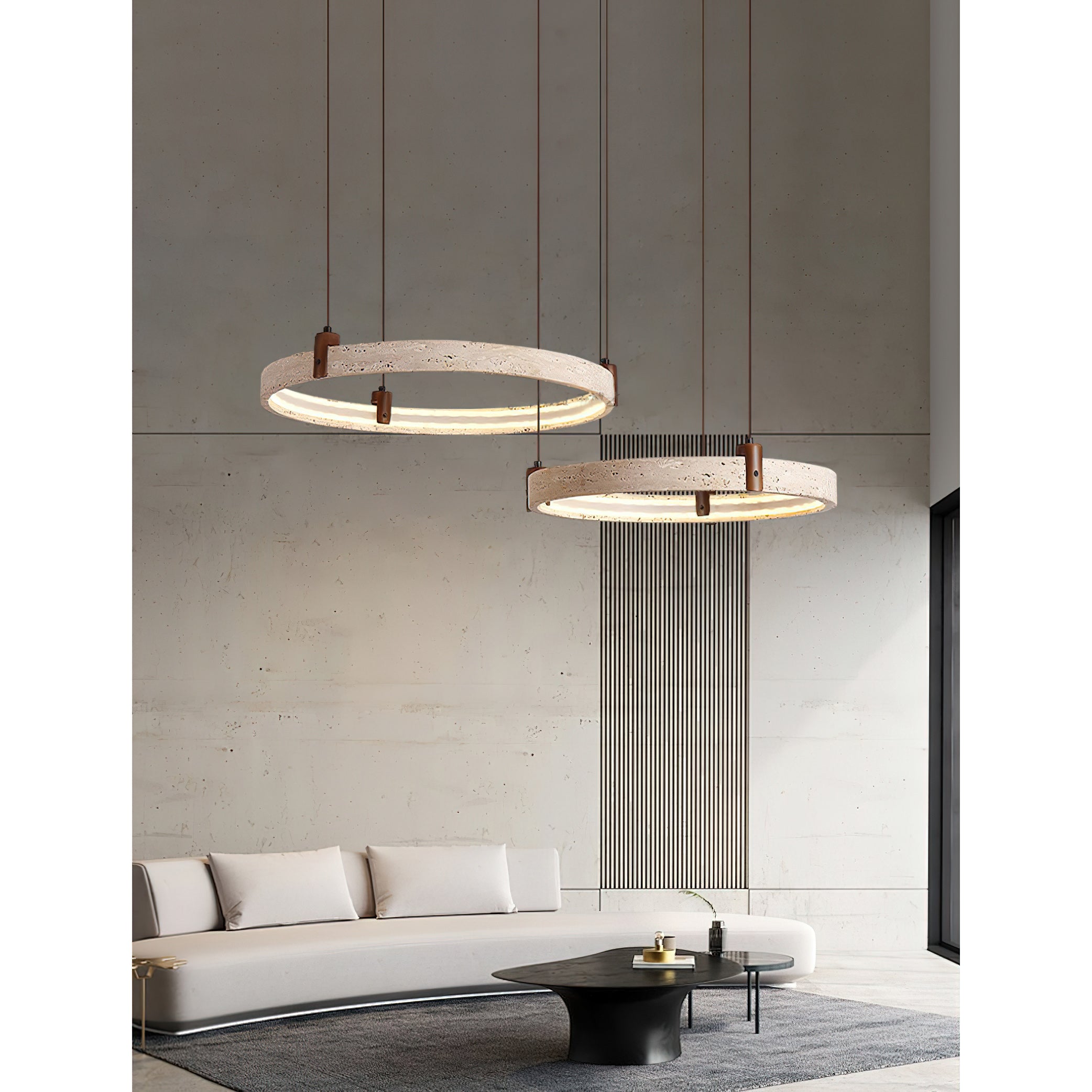 Travertijn Ring Kroonluchter – Natuursteen Hanglamp met Walnoot Hout en Geïntegreerde LED | Scandinavisch Design voor Woon- en Eetkamer | Sansoti