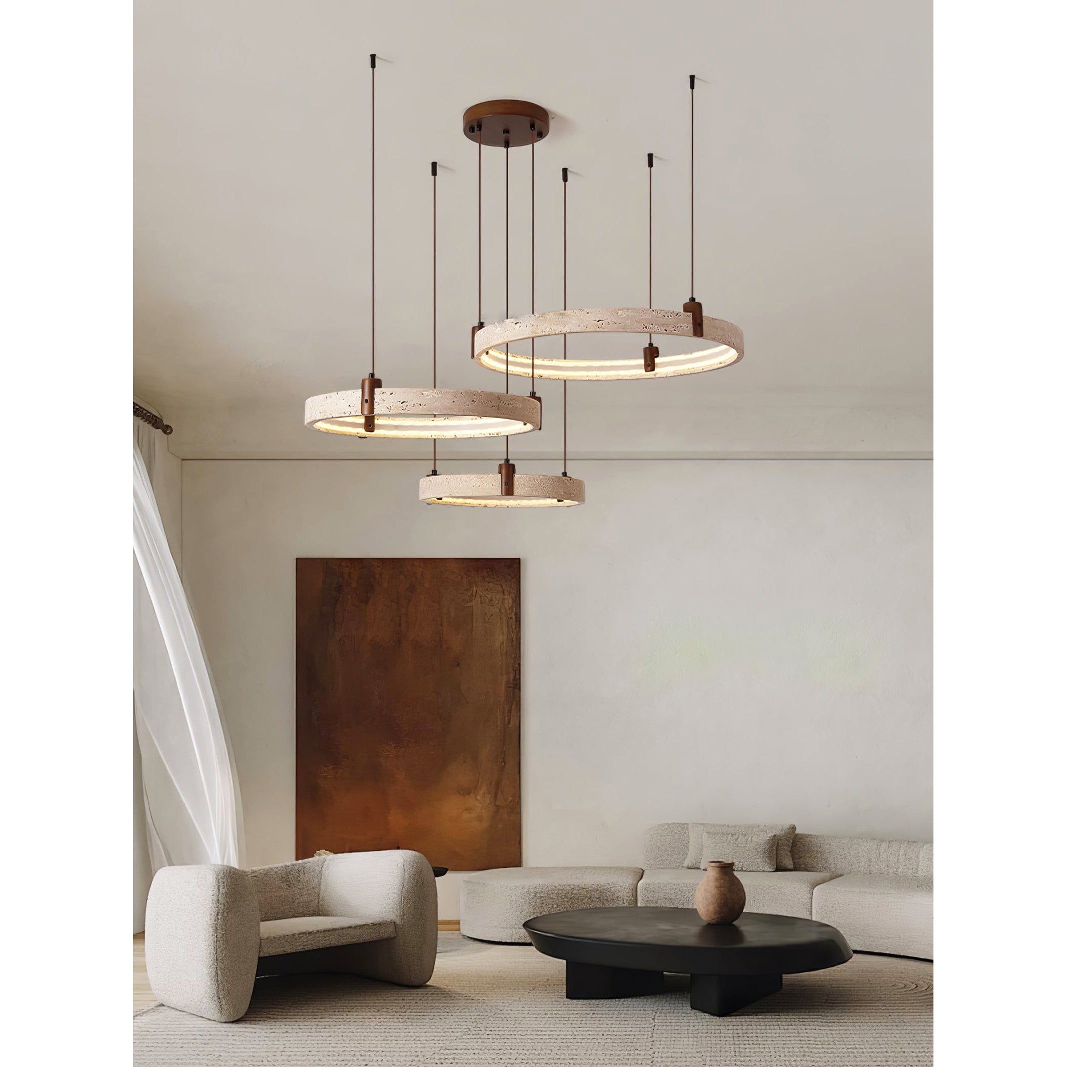 Travertijn Ring Kroonluchter – Natuursteen Hanglamp met Walnoot Hout en Geïntegreerde LED | Scandinavisch Design voor Woon- en Eetkamer | Sansoti