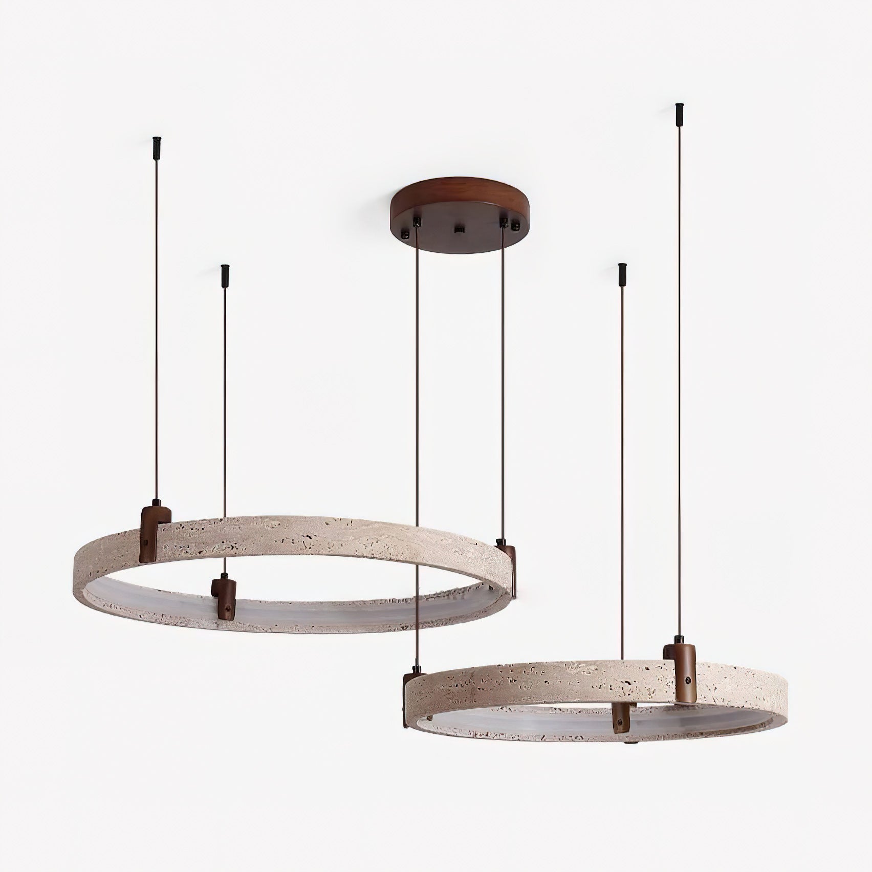 Travertijn Ring Kroonluchter – Natuursteen Hanglamp met Walnoot Hout en Geïntegreerde LED | Scandinavisch Design voor Woon- en Eetkamer | Sansoti