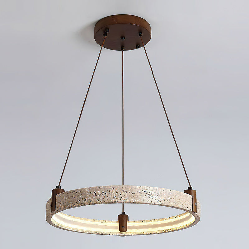 Travertijn Ring Kroonluchter – Natuursteen Hanglamp met Walnoot Hout en Geïntegreerde LED | Scandinavisch Design voor Woon- en Eetkamer | Sansoti