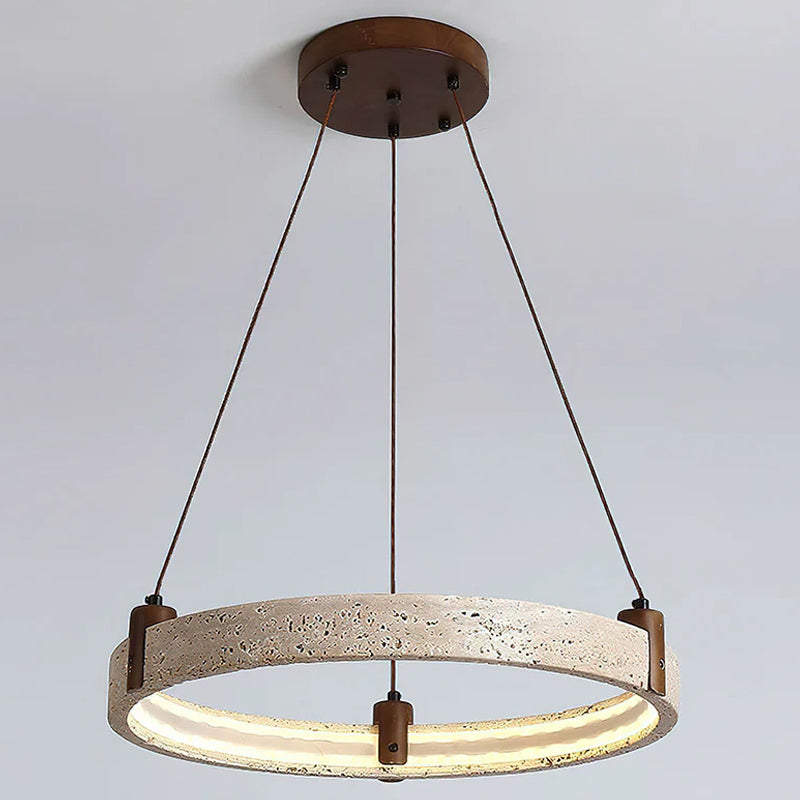 Travertijn Ring Kroonluchter – Natuursteen Hanglamp met Walnoot Hout en Geïntegreerde LED | Scandinavisch Design voor Woon- en Eetkamer | Sansoti