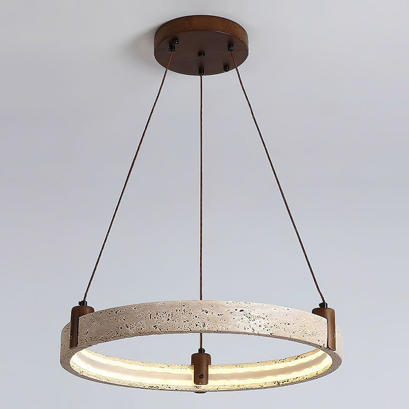 Travertijn Ring Kroonluchter – Natuursteen Hanglamp met Walnoot Hout en Geïntegreerde LED | Scandinavisch Design voor Woon- en Eetkamer | Sansoti