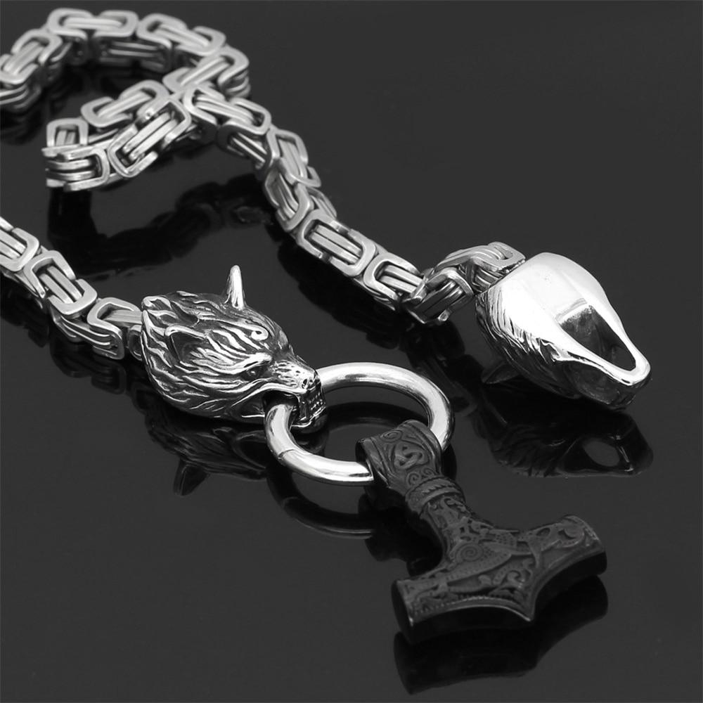 Roestvrij Stalen Schakelketting met Dubbele Wolfskop & Hamer Ornament 60-90cm Verstelbaar Unisex Sieraad | Sansoti