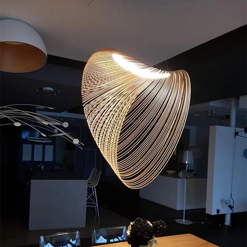 Houten Hanglamp LED 8W Naturel Woonkamer Restaurant Bar Organische Designlamp Golvende Houten Lamp Sfeerverlichting | Sansoti
