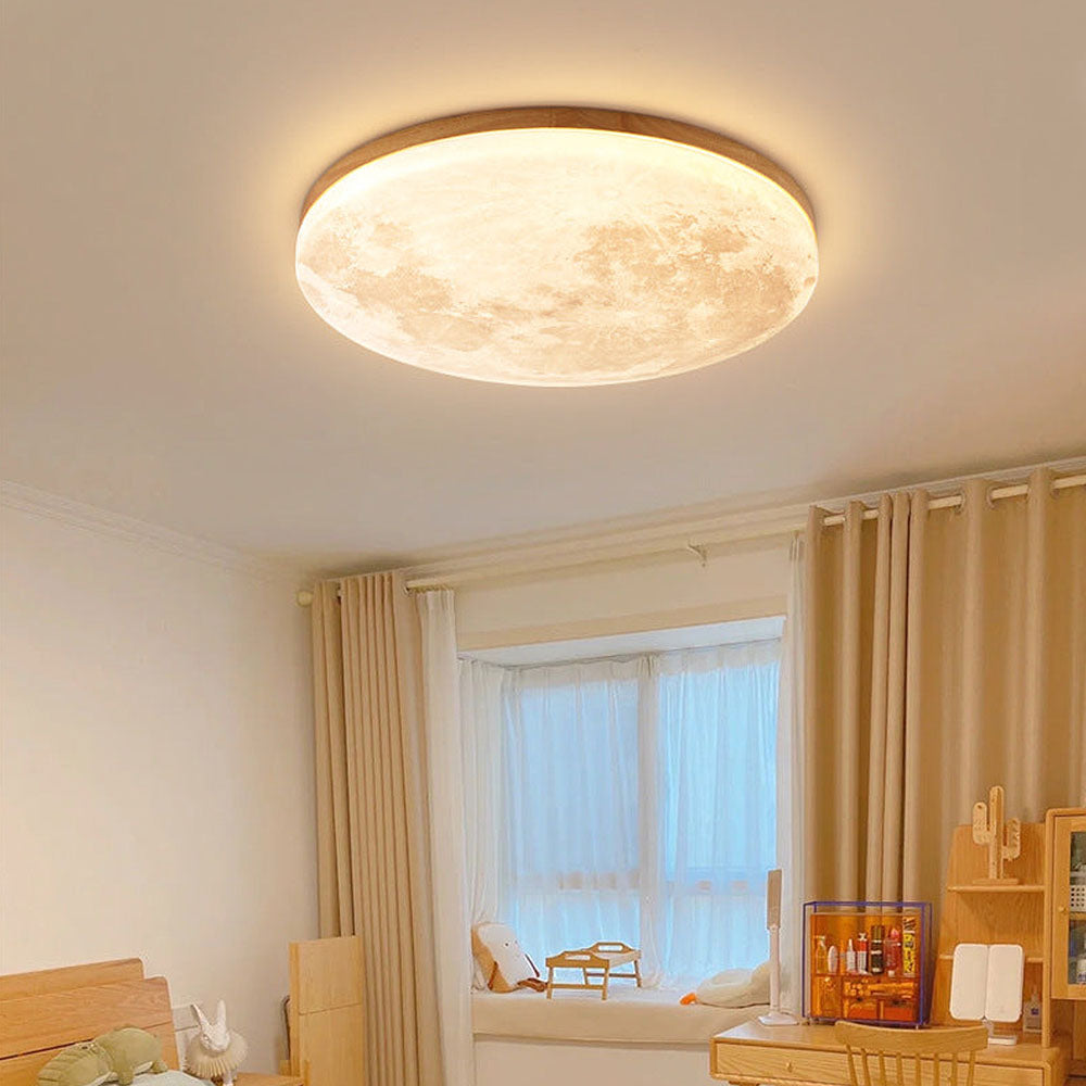 LED-Deckenleuchte Mond-Design Holz Acryl Rund 26-48cm Schlafzimmer Wohnzimmer Deckenlampe Mondlampe LED Beleuchtung Modernes Interieur | Restfield