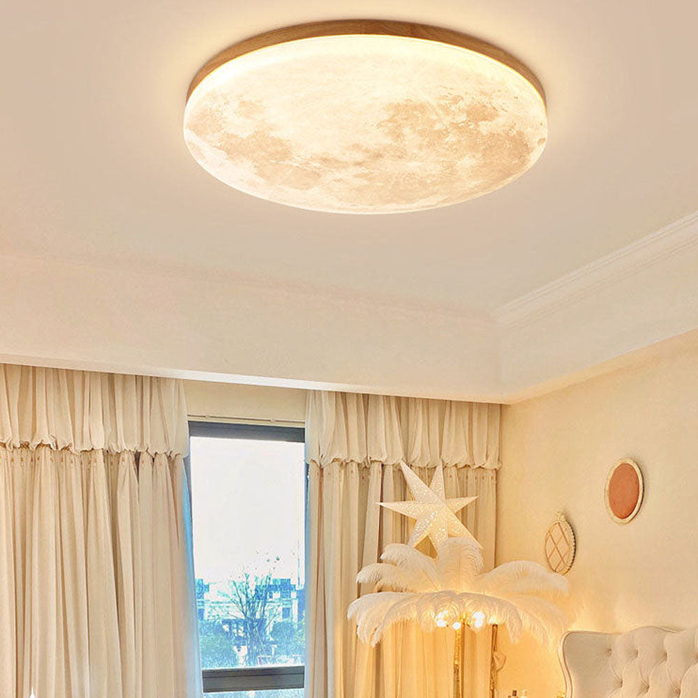 LED-Deckenleuchte Mond-Design Holz Acryl Rund 26-48cm Schlafzimmer Wohnzimmer Deckenlampe Mondlampe LED Beleuchtung Modernes Interieur | Restfield