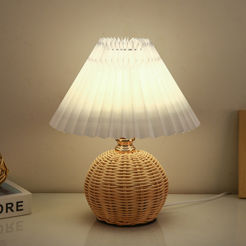 Rattan Table Lamp with Pleated Fabric Shade, Dimmable LED 3W USB Desk Lamp, Atmospheric Scandinavian Design | Sansoti