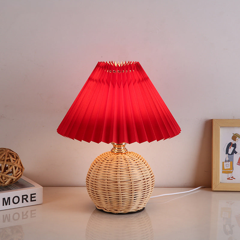 Rattan Table Lamp with Pleated Fabric Shade, Dimmable LED 3W USB Desk Lamp, Atmospheric Scandinavian Design | Sansoti