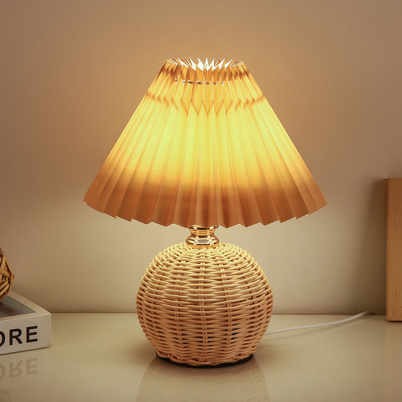 Rattan Table Lamp with Pleated Fabric Shade, Dimmable LED 3W USB Desk Lamp, Atmospheric Scandinavian Design | Sansoti