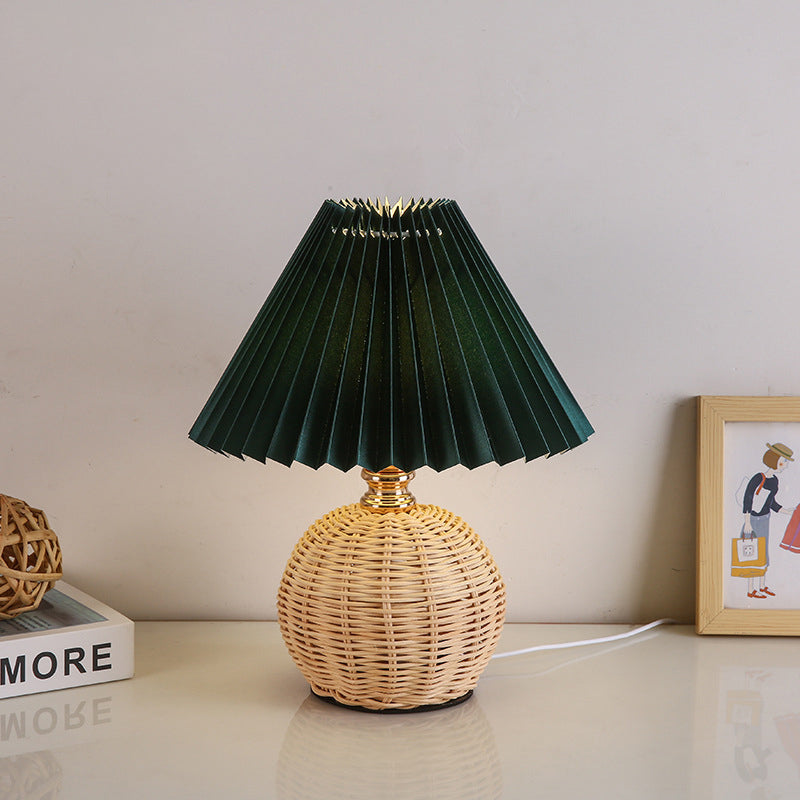 Rattan Table Lamp with Pleated Fabric Shade, Dimmable LED 3W USB Desk Lamp, Atmospheric Scandinavian Design | Sansoti